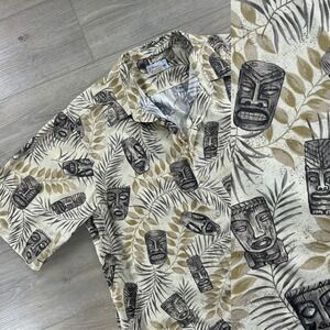 Reyn Spooner Mens XL Hawaiian AOP  Tiki Masks Quarter Button Up Beach Dadcore
